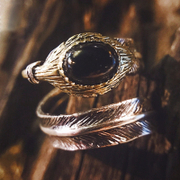 Bague pour homme réglable en argent sterling avec plume d'agate noire