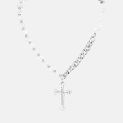 Collier croix en acier inoxydable avec chaîne de perles et diamants punk