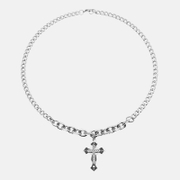Colar de cruz de aço inoxidável com diamante costurado com corrente dupla
