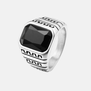 Black Gem Great Wall Pattern Men's Stainless Steel Ring