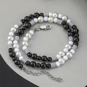 Collier de perles en acier inoxydable noir et blanc